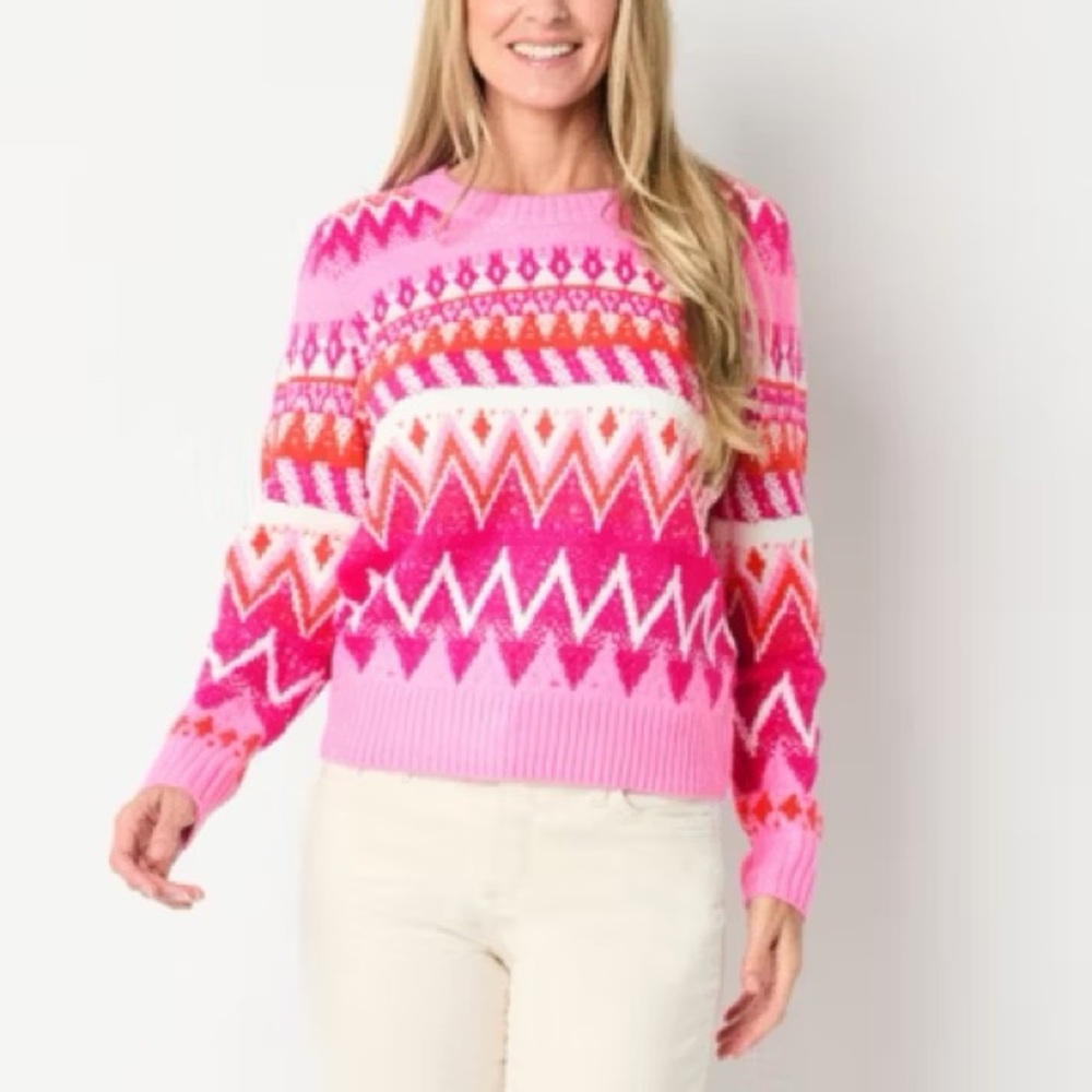 Medium St. John's Bay Pink and Orange Patterned Women's Sweater